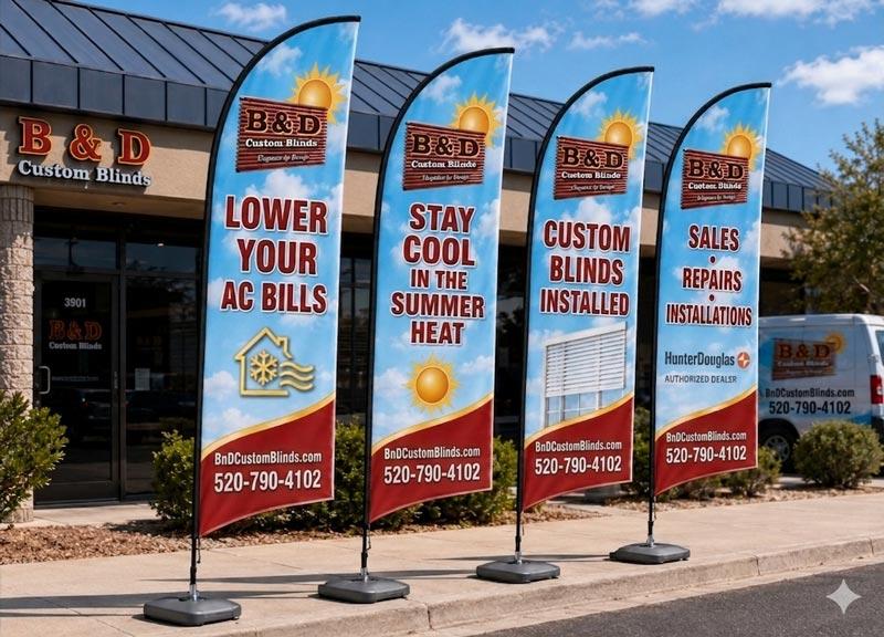 B&D Install & Custom Blinds storefront in Tucson, AZ, showcasing air conditioning and heating services.