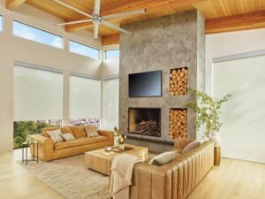 A living room featuring a fireplace, television, & custom window treatments in Tucson, AZ.
